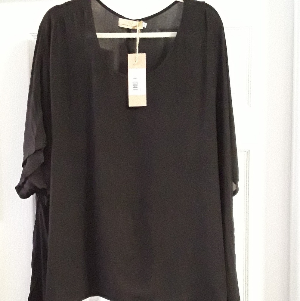 Loose black chiffon tunic with lace trim